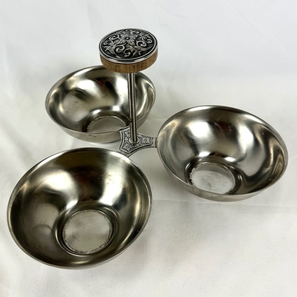 MCM 3 Bowl Condiment Relish Dish with Handle International Decorator Stainless - Picture 6 of 11